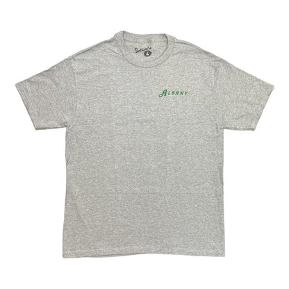 Heather Grey Tee with Albany in Green text on left chest.