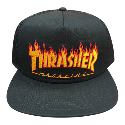 Thrasher Flame Embroidered Trucker Hat- Black