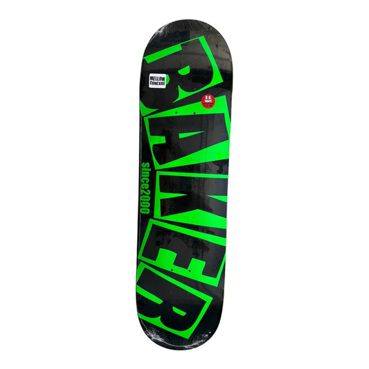 Black skateboard deck with green 'Baker' logo on a white background