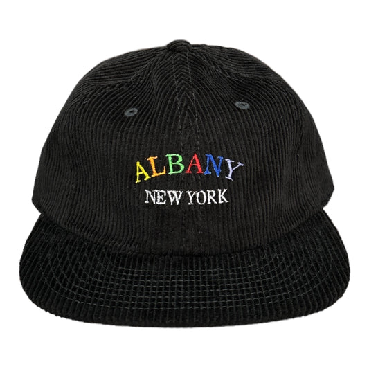 Black cotton, corduroy hat, multicolor embroidery spells, Albany, New York on the front