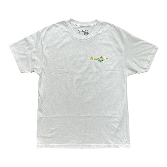 White cotton T-shirt with left chest screen print that says Albany