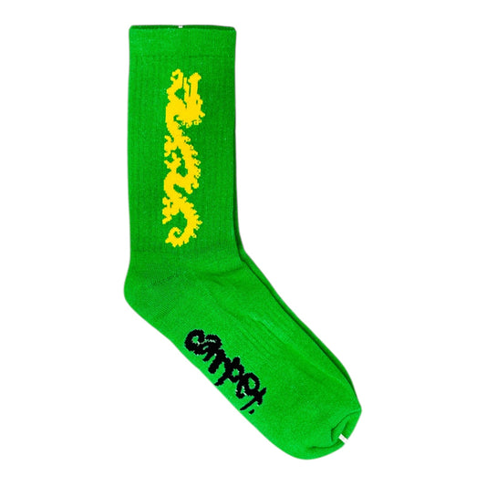 Green sock with yellow dragon design and black text on a white background