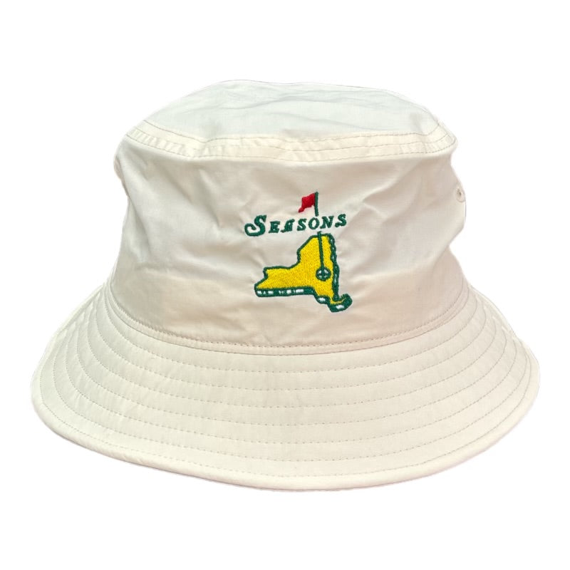 Nylon White Bucket Hat with NYS Logo Embroidered on it.