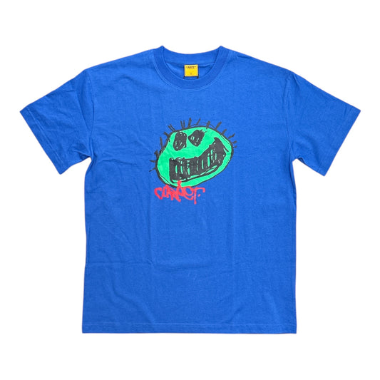 Blue t-shirt with a green and red graphic design on a white background
