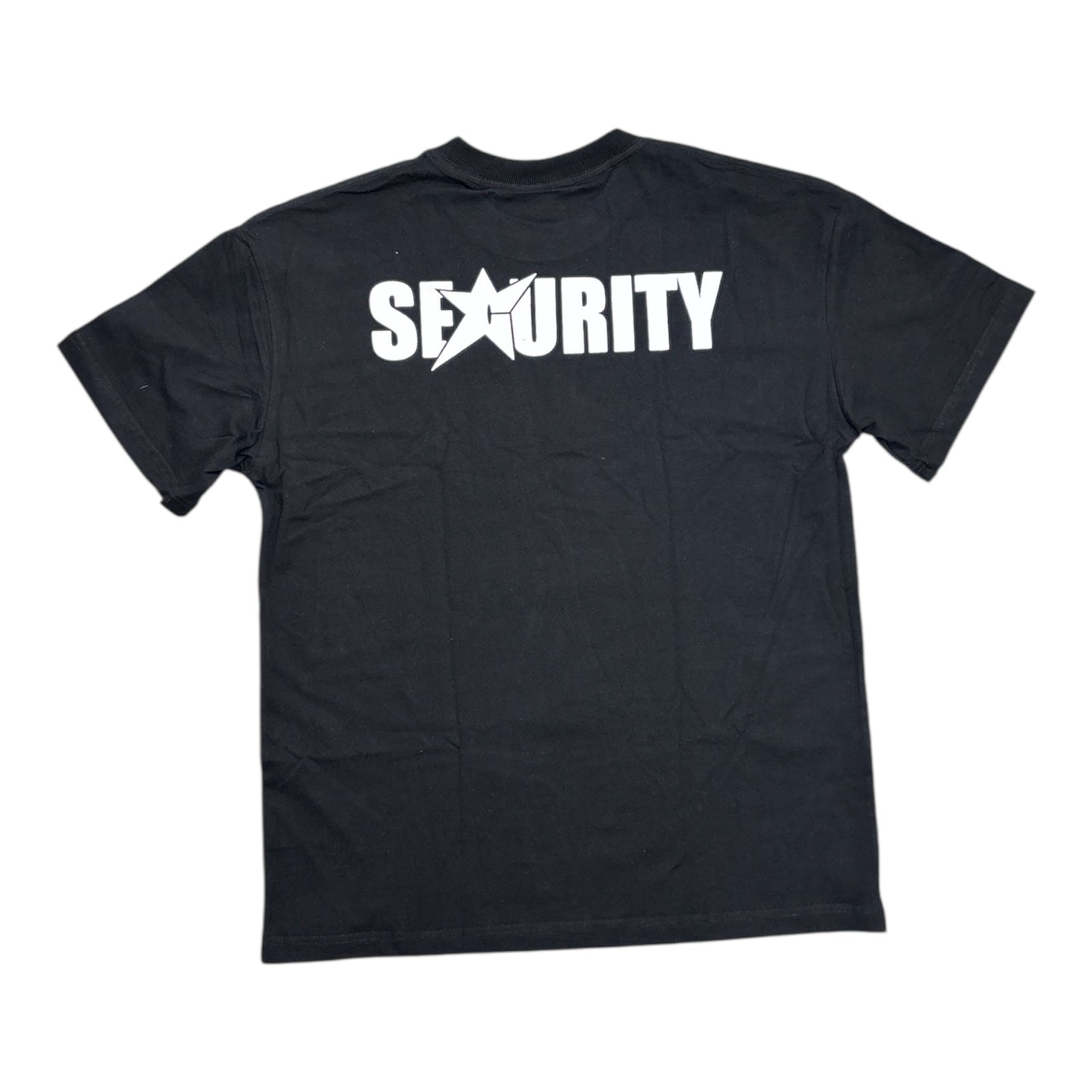 Black t-shirt with 'SEXURITY' printed on the back against a white background