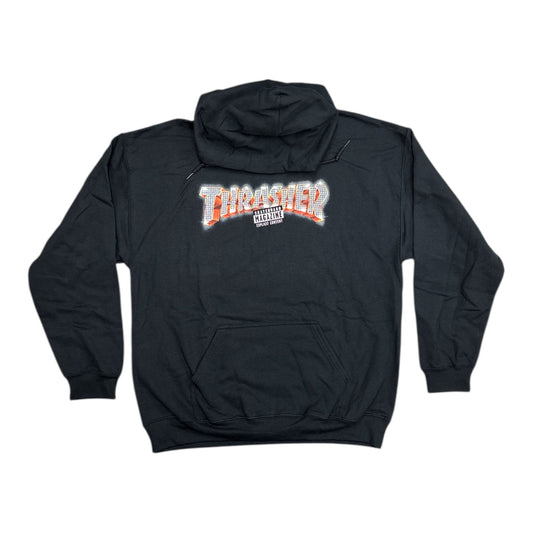 Black hoodie with a prominent logo on the back against a white background