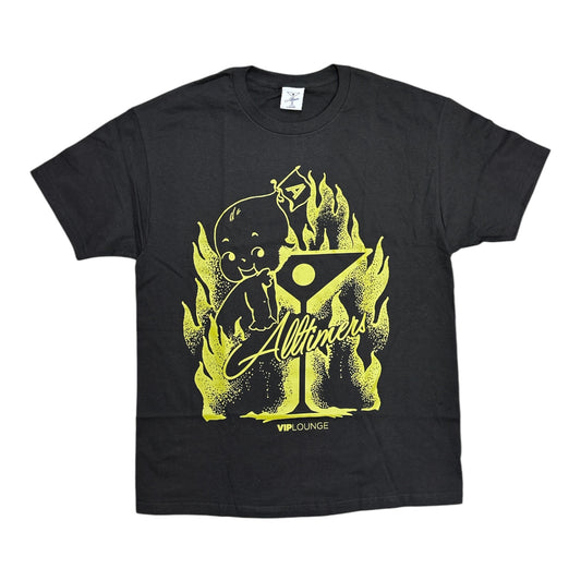 Black Tee With Yellow Print of Martini Glass and Baby in Flames.