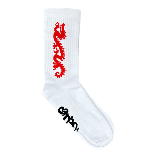 White sock with red dragon design and black text on a white background