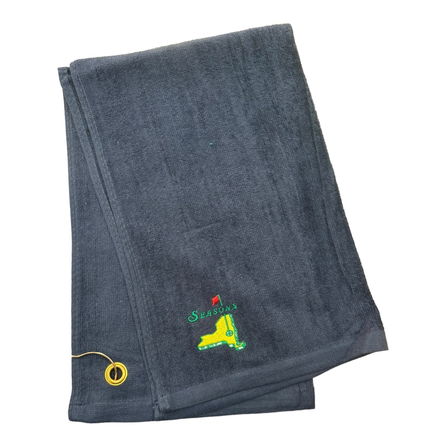 Navy Golf Towel with Embroidered NYS Logo Embroidered on it.