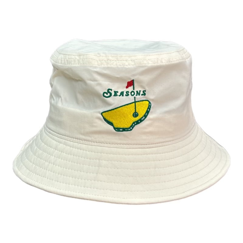 Nylon White Bucket Hat with NYS Egg Logo Embroidered on it.