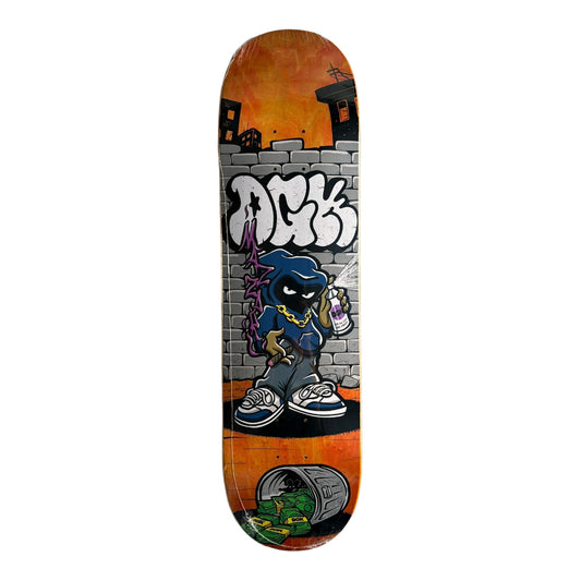 Deck with a Character holding a spray paint can to a brick wall.