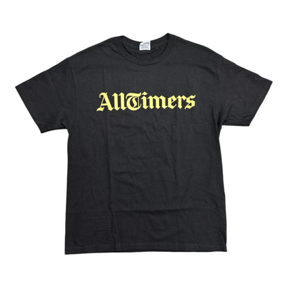 Black Tee with Alltimers Font in Yellow Ink.