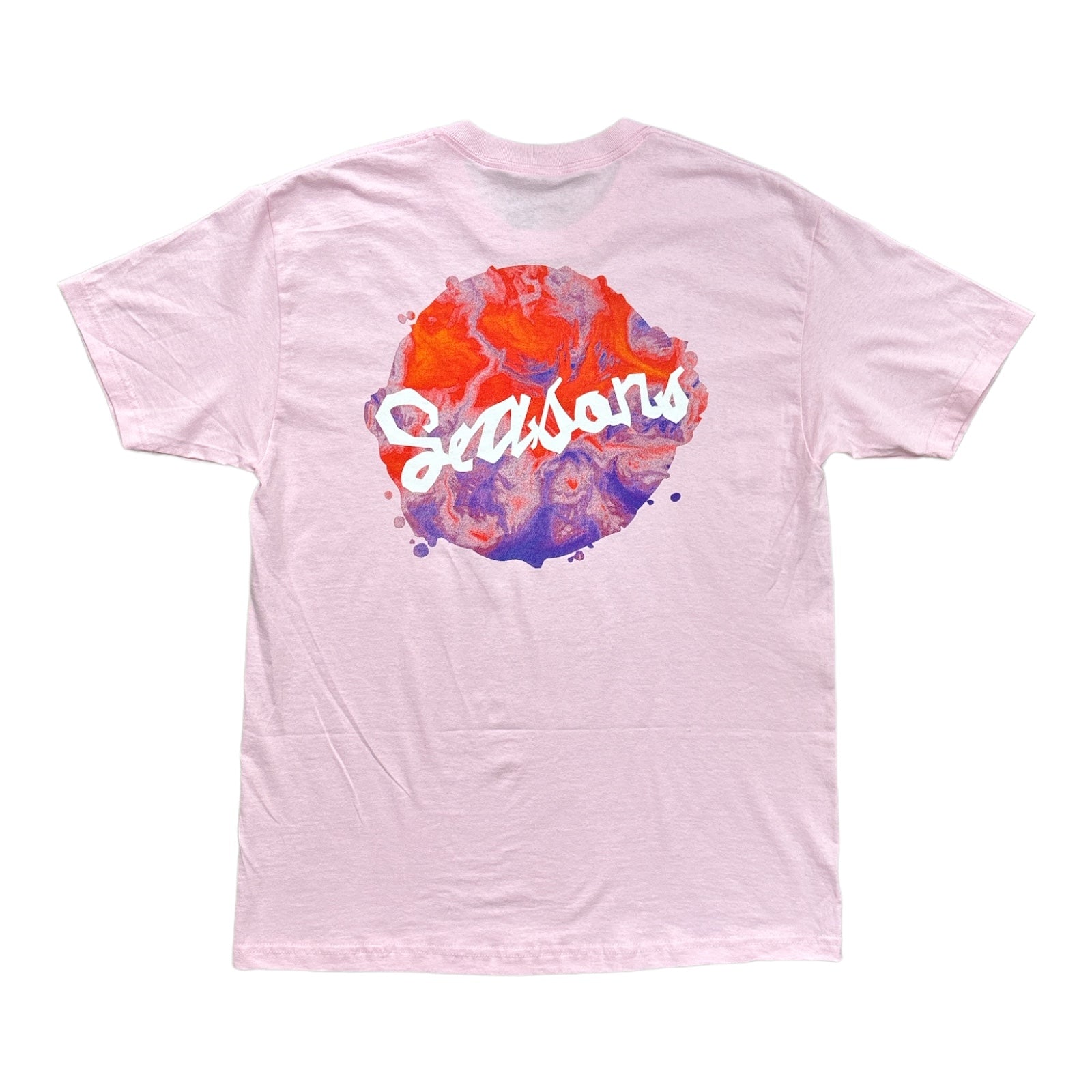 Pink Tee with Seasons Blotch Logo in Multiple Colors Swirled on a back print.
