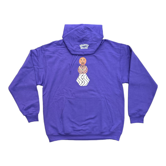 Purple pullover, hooded sweatshirt with chest print of classic Snack man Quartersnacks logo