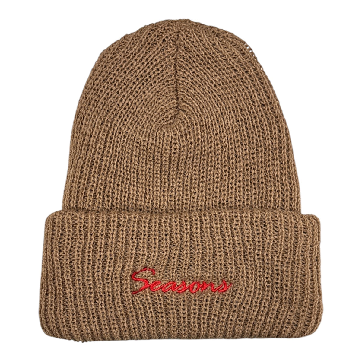 Seasons Loose Knit Cursive Beanie- Camel/Red