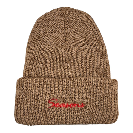 Seasons Loose Knit Cursive Beanie- Camel/Red