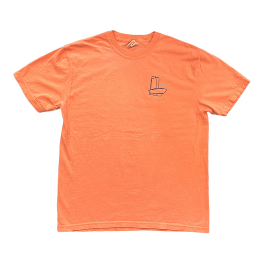 Peach Colored Tee With Left Chest print of Albany NY Capital Buildings in Navy.