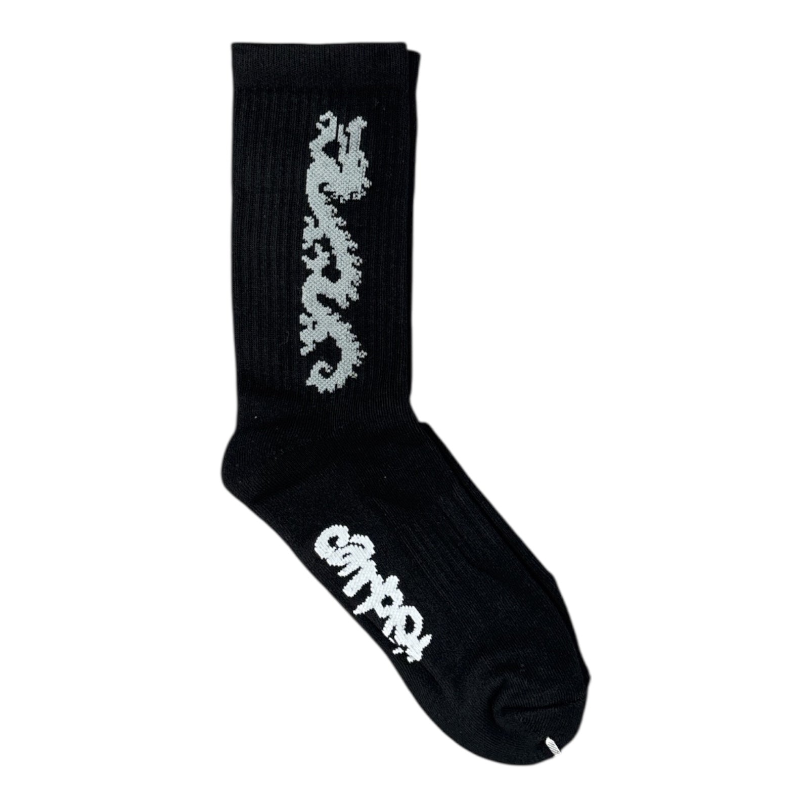 Black sock with white text and design on a white background