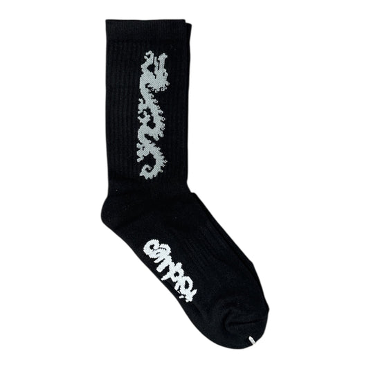 Black sock with white text and design on a white background