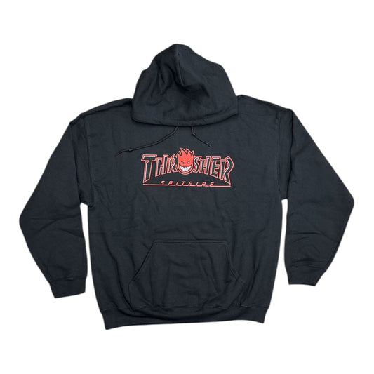 Black hoodie with red and white logo on a white background