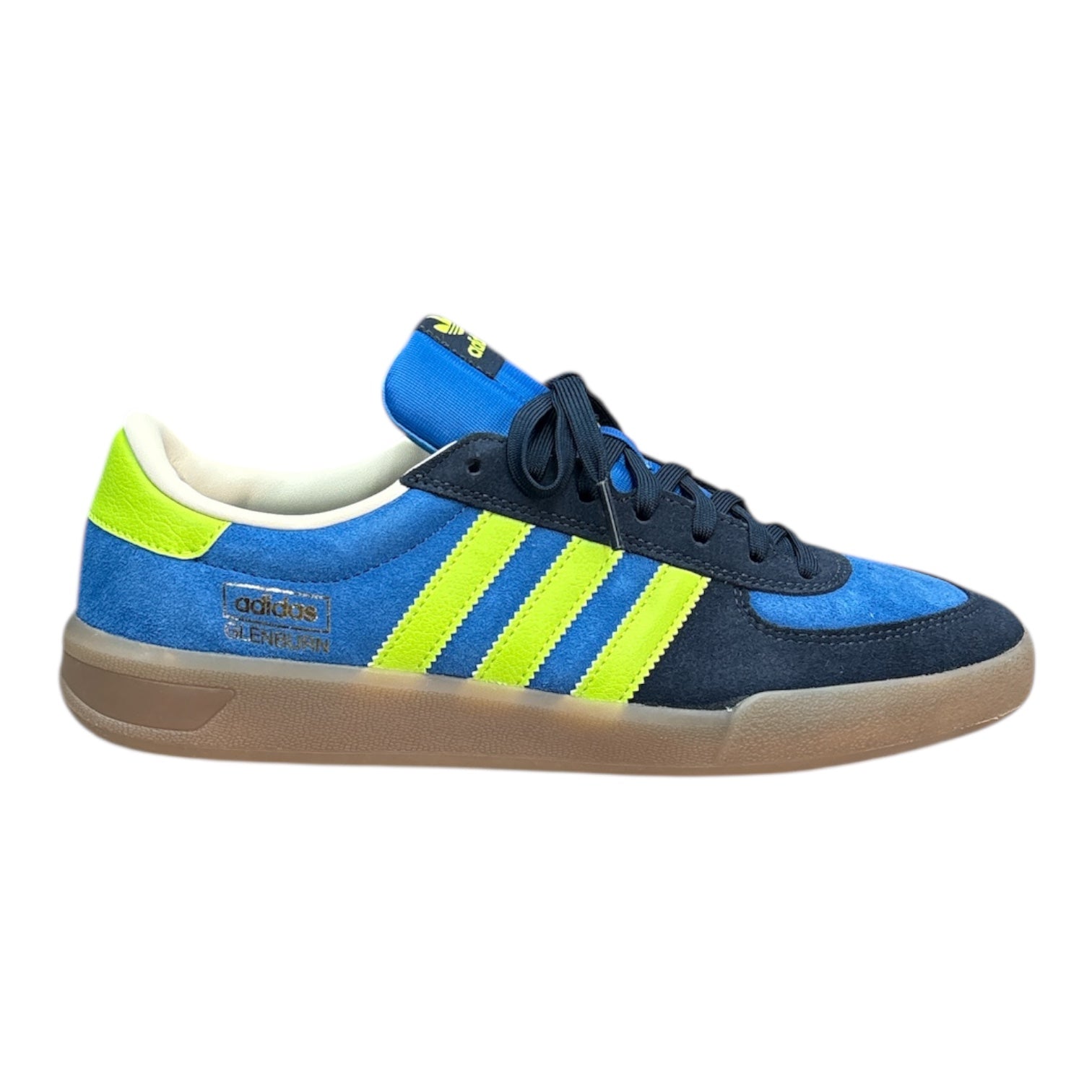Blue and green sneaker with Adidas logo on a white background