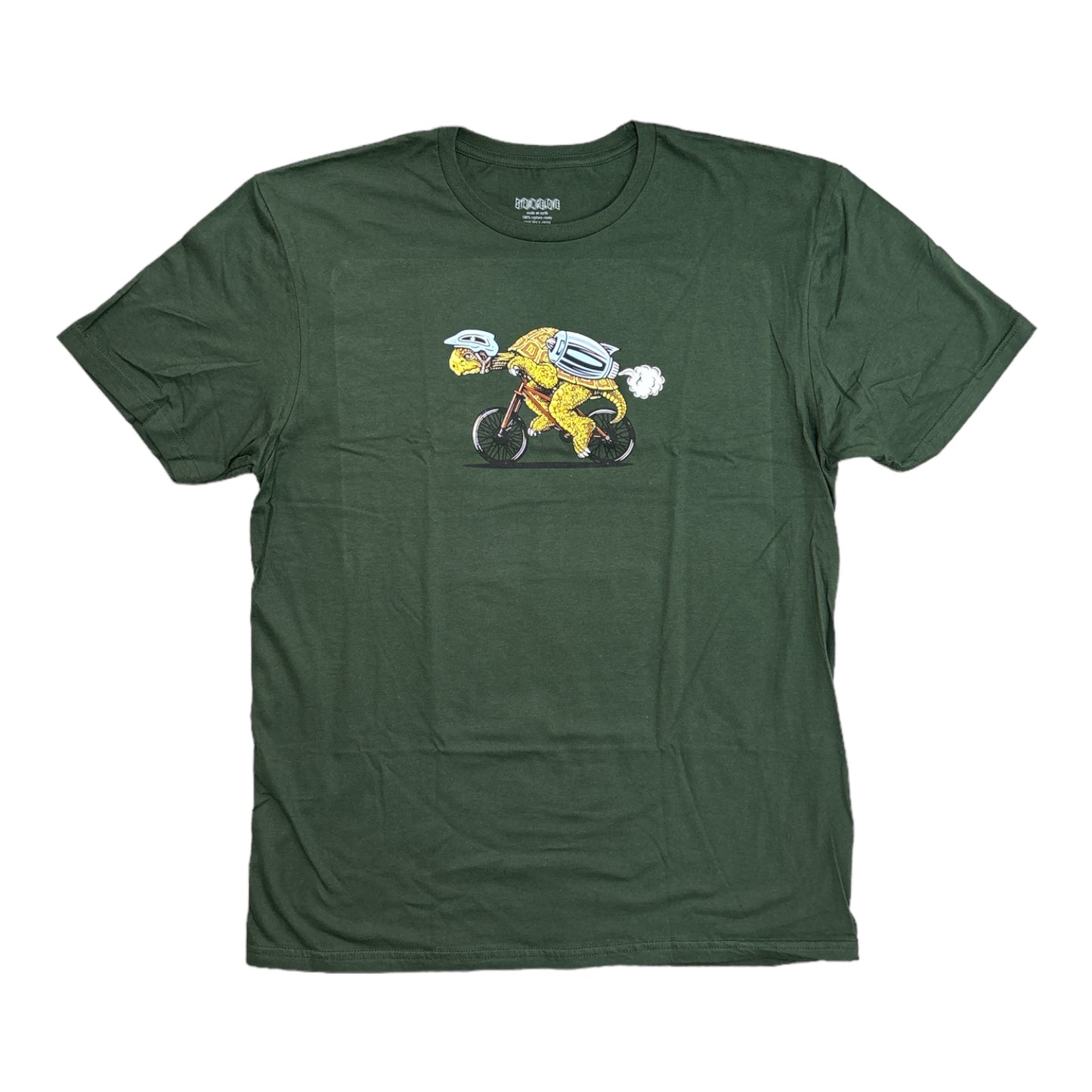 Green tee with picture of turtle on a bike
