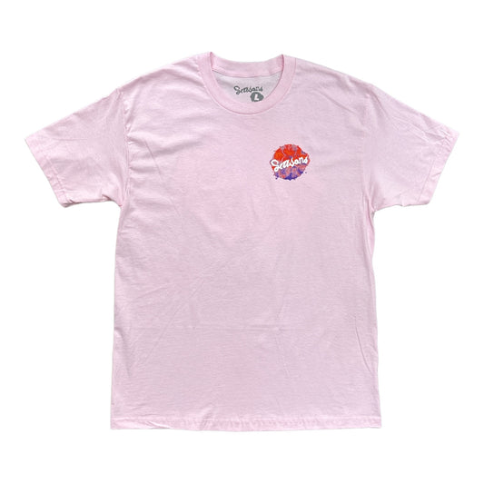 Pink Tee with Seasons Blotch Logo in Multiple Colors Swirled on a Left Chest Print