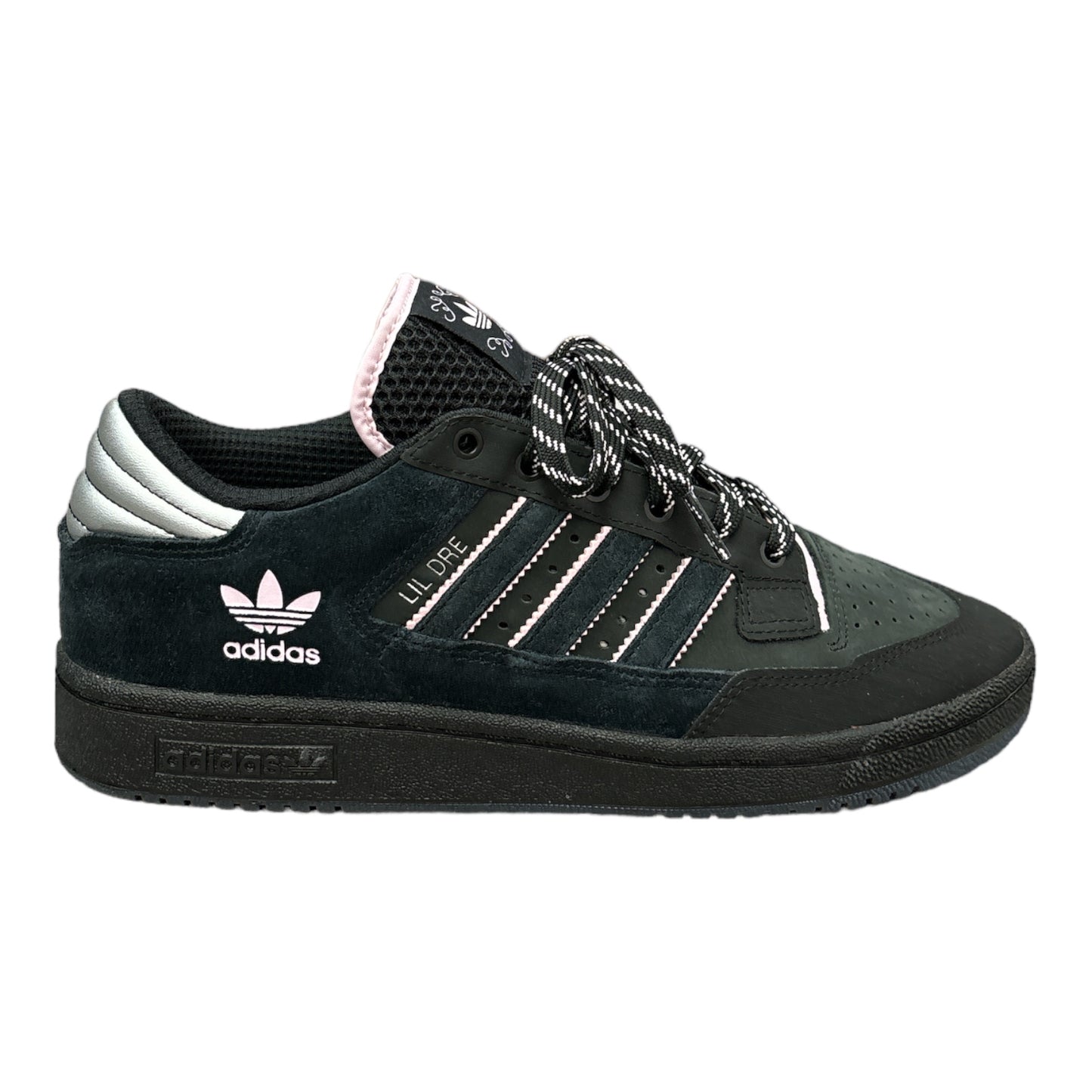 Black Suede Adidas Centennial 85 Lo ADV with Pink & Silver Accents. 