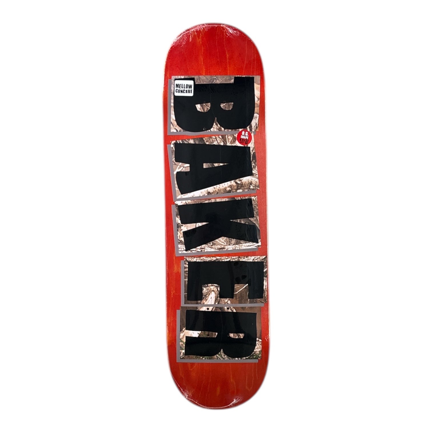 Skateboard deck with 'Baker' logo on a red background