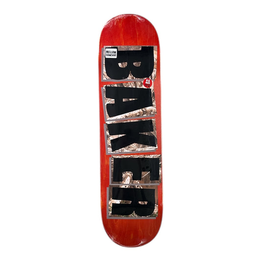 Skateboard deck with 'Baker' logo on a red background