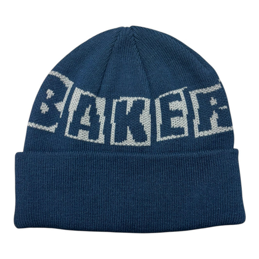 Blue beanie with 'Baker' branding on a white background
