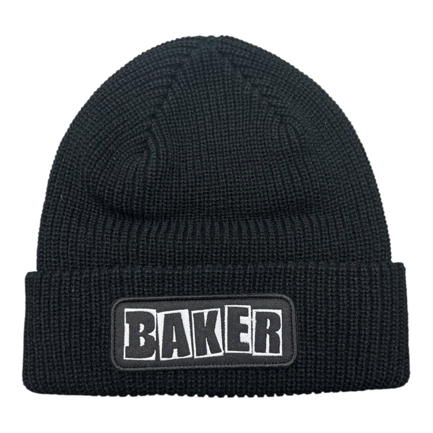 Black beanie with 'BAKER' logo on a white background