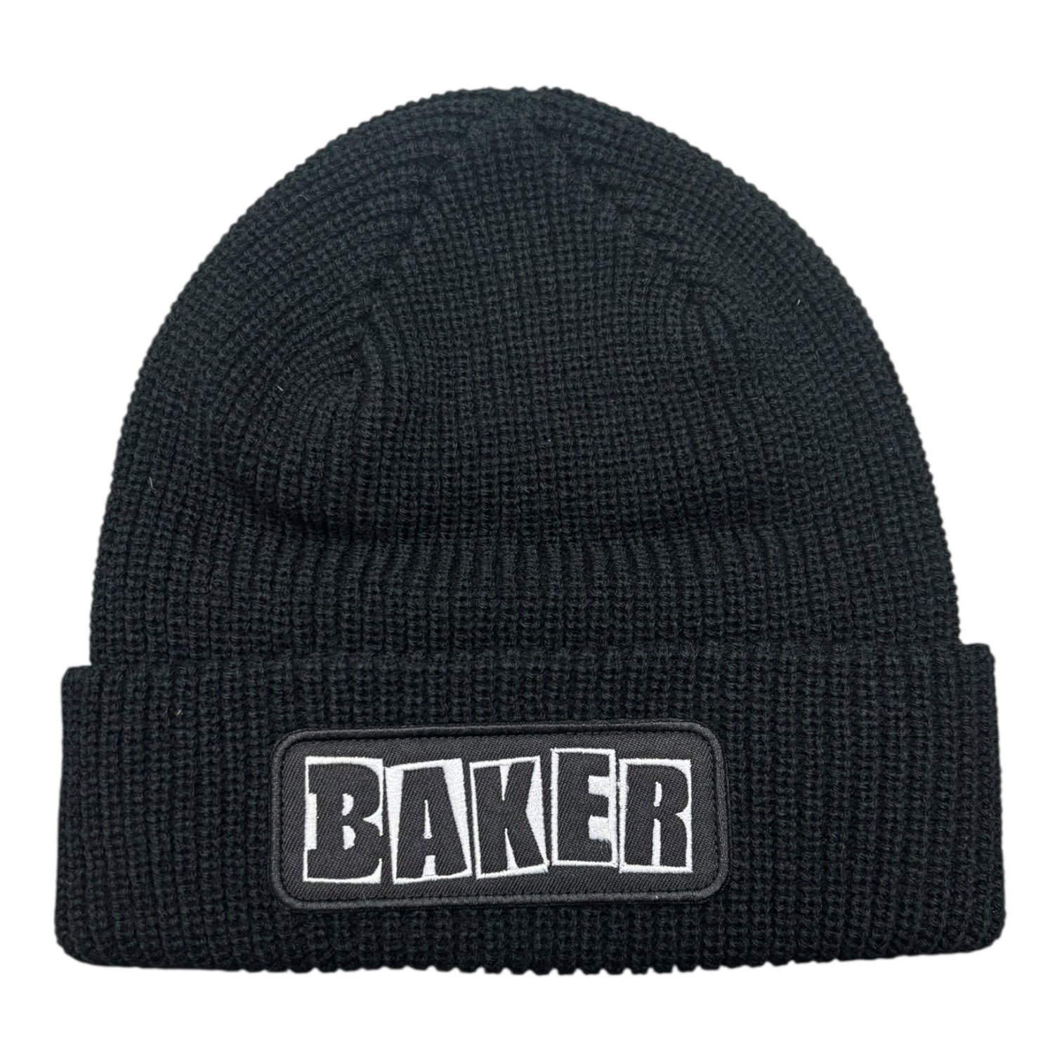 Black beanie with 'BAKER' logo on a white background