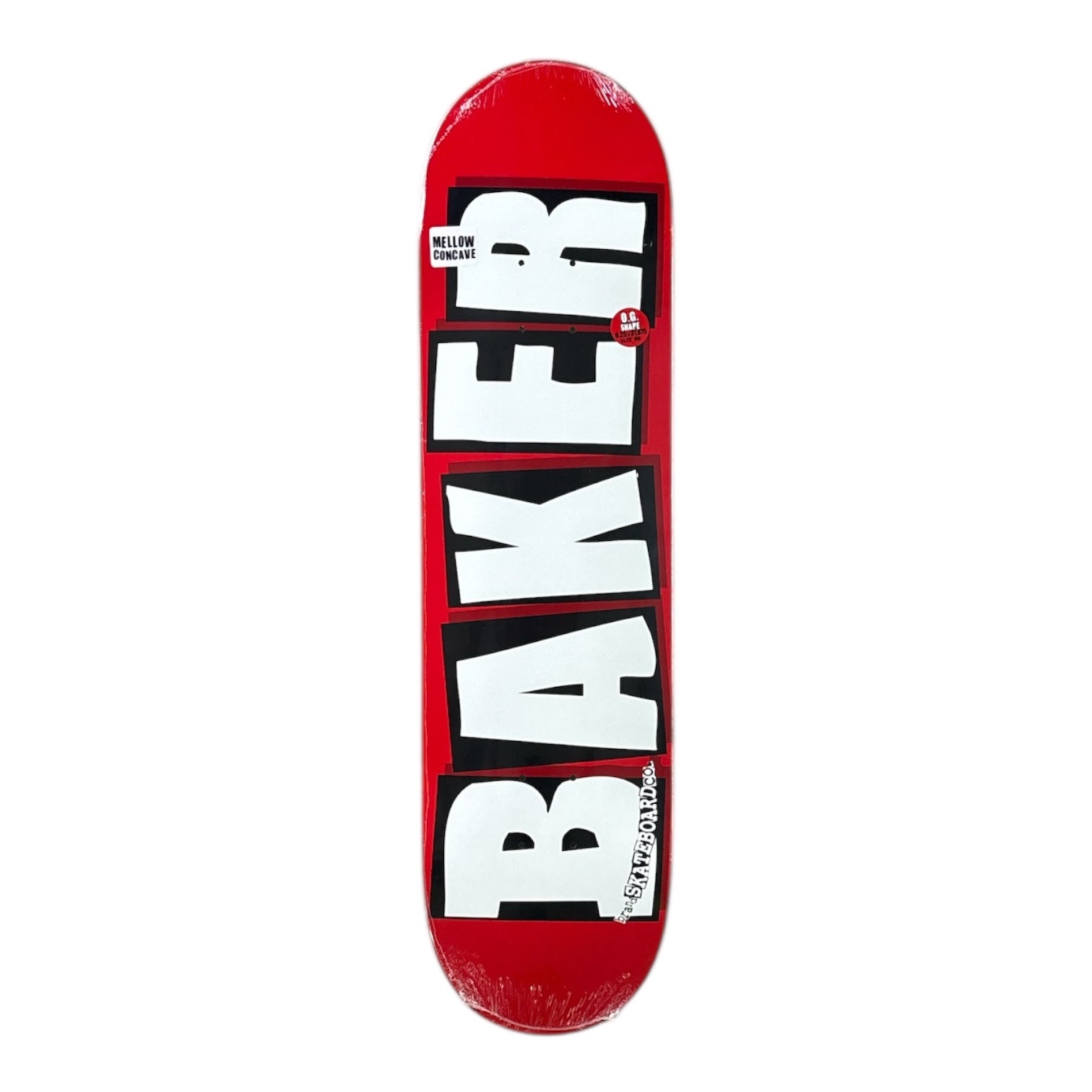 Red skateboard deck with 'Baker' logo on a white background