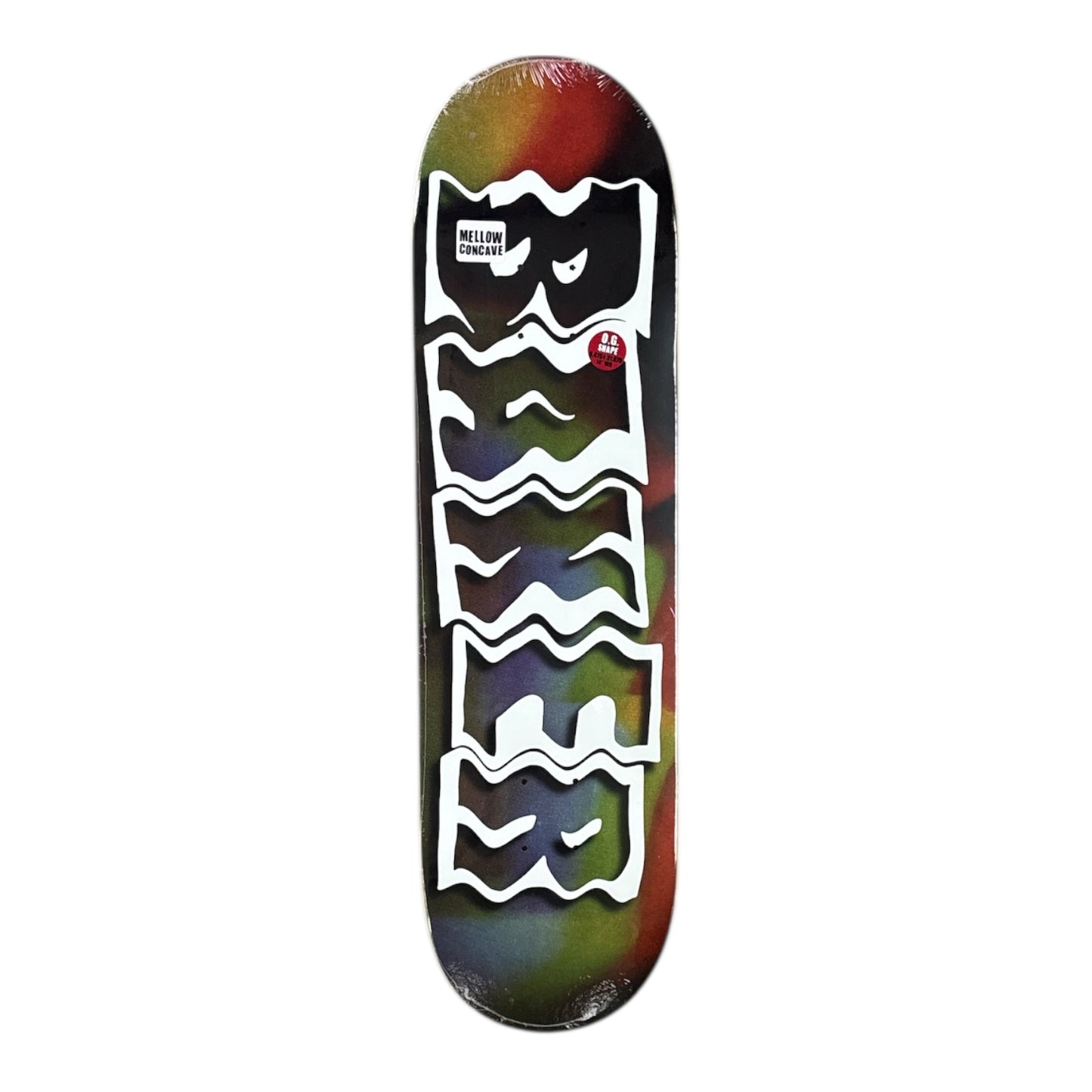 Skateboard deck with a colorful design on a white background