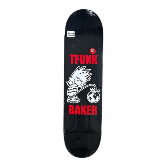 Black skateboard deck with red and white graphics on a white background