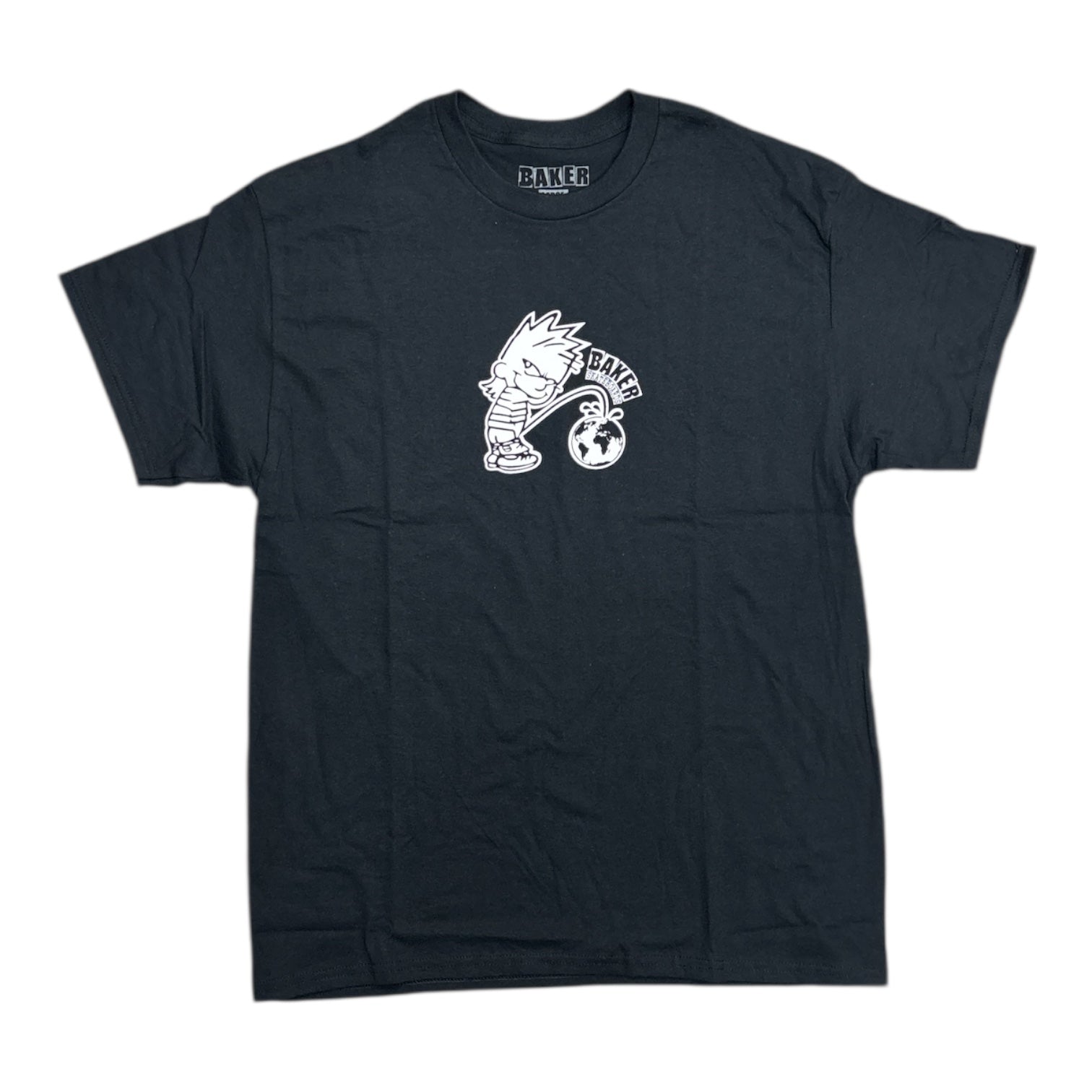 Black t-shirt with a white graphic design on a white background