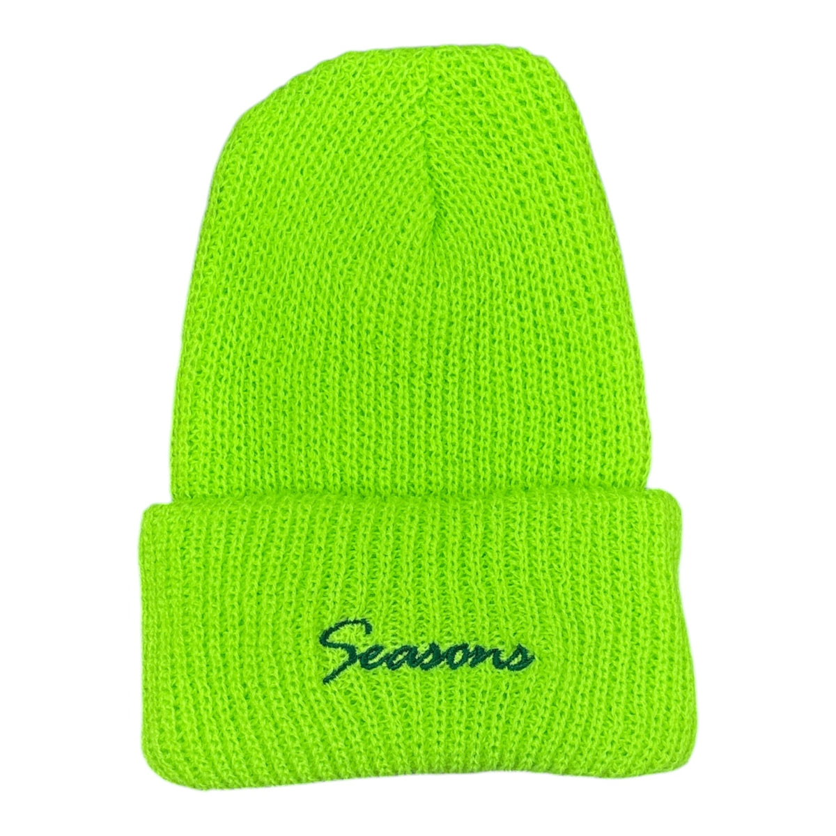 Seasons Loose Knit Cursive Beanie- Safety Green