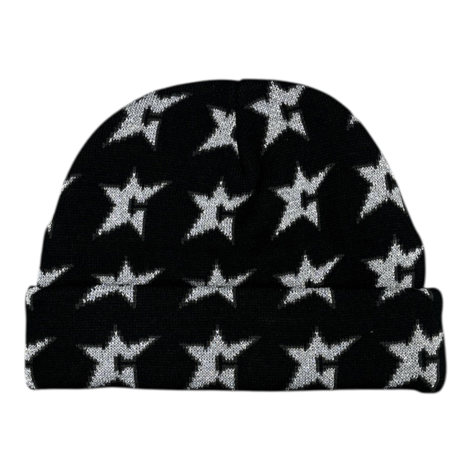 Black beanie with white star pattern on a white background