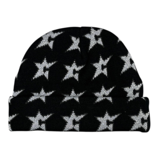 Black beanie with white star pattern on a white background