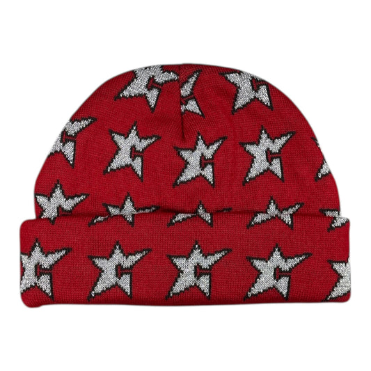Red beanie with star pattern on a white background