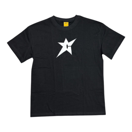 Black t-shirt with a white star logo on a white background