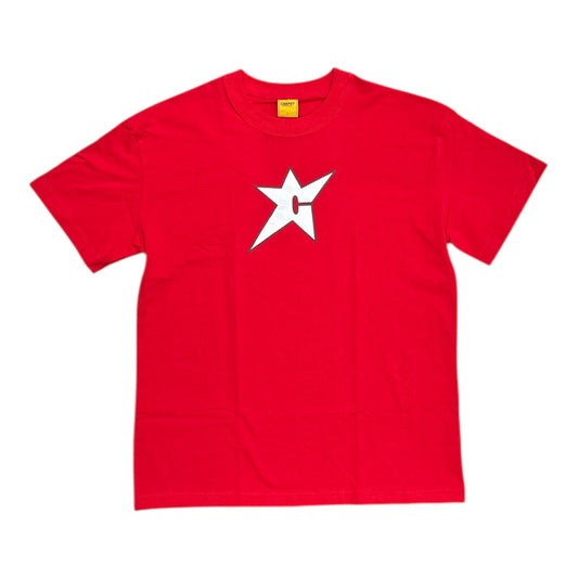 Red t-shirt with a white star logo on a white background