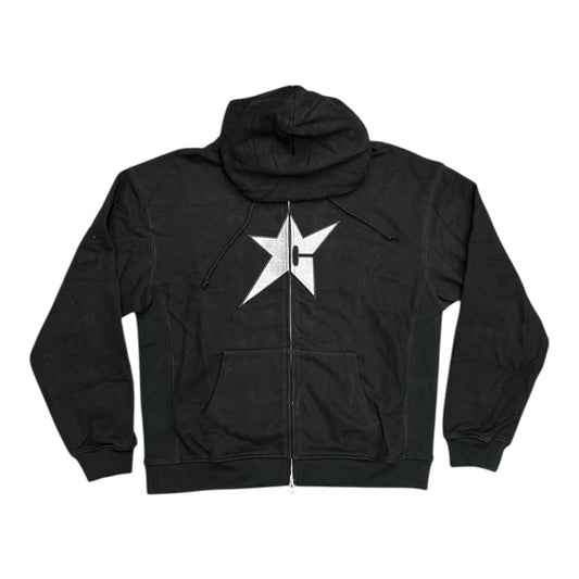 Black hoodie with a white star design on the back against a white background
