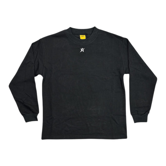 Black long-sleeve shirt with a small white logo on a white background