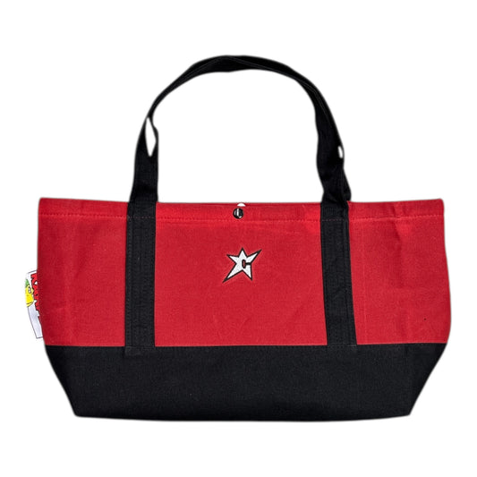 Red and black tote bag with a star design on a white background