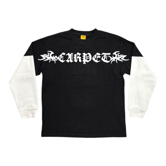 Black and white long-sleeve shirt with 'CARPET' logo on a white background