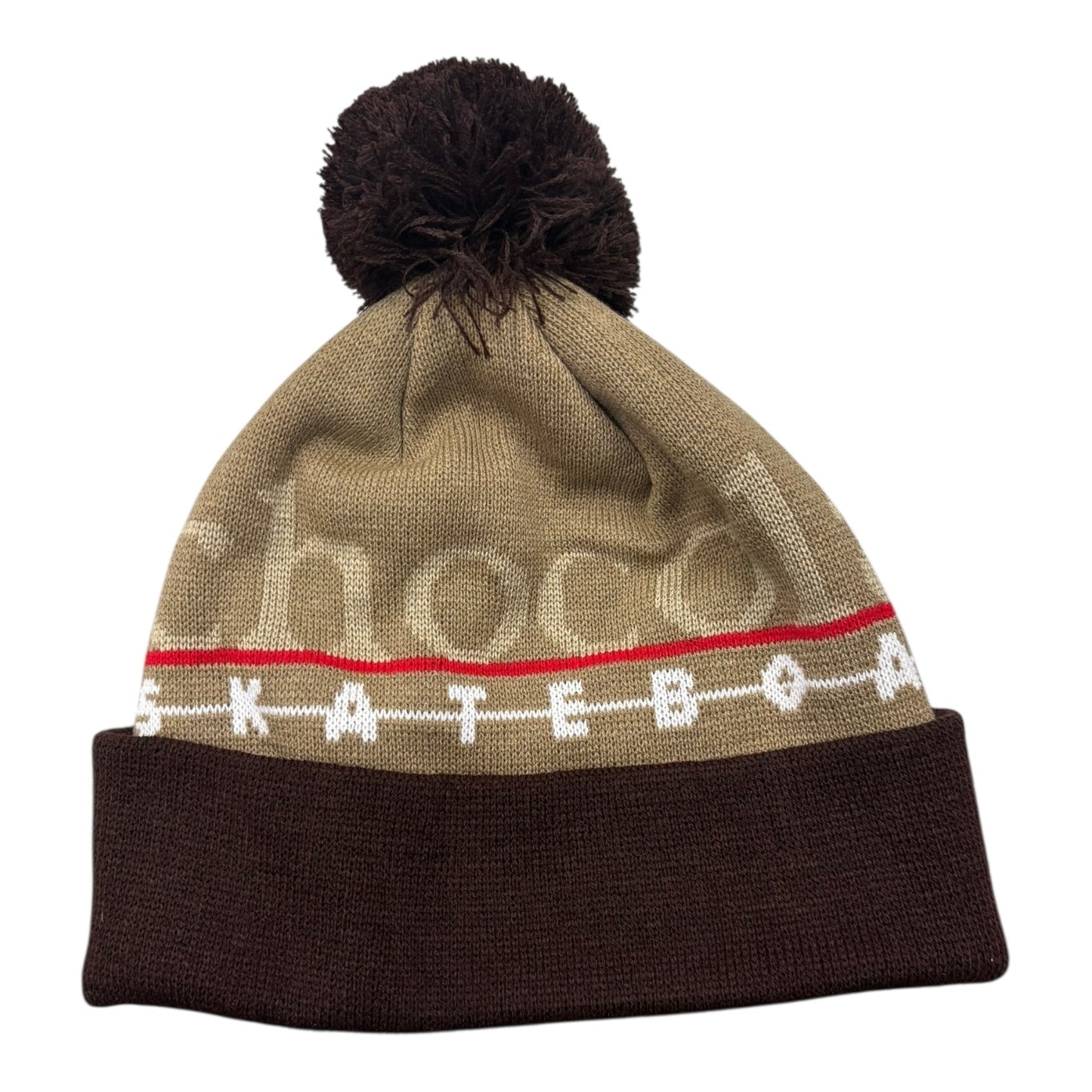 Knitted beanie with pom-pom on a white background