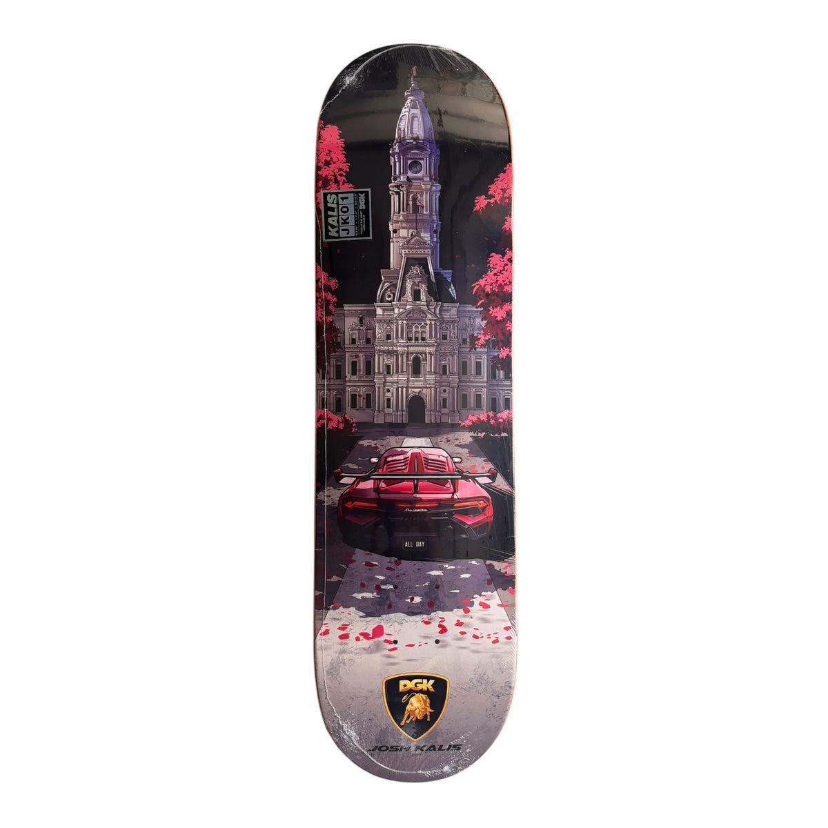 A skateboard deck featuring a graphic print of a grand neoclassical building, a red sports car, and pink trees, with a PGK brand logo at the bottom.