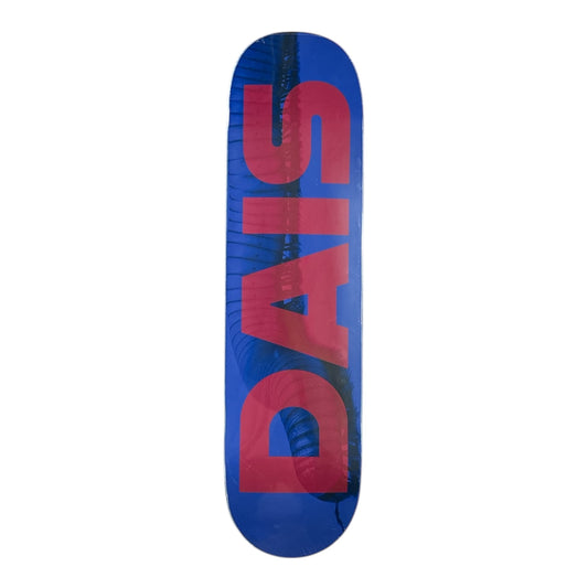 Blue skateboard deck with red and black text on a white background